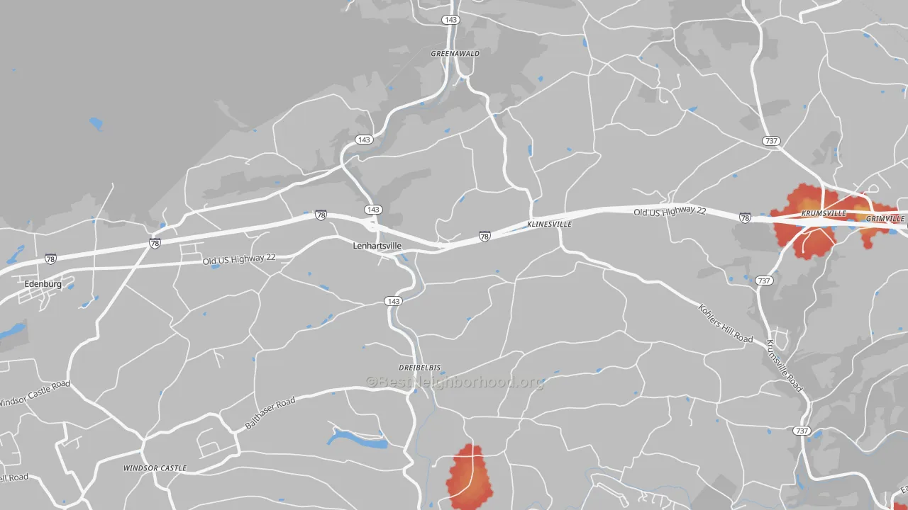 Walk Grade map of Lenhartsville, PA, walkable areas in green and car-dependent areas in red