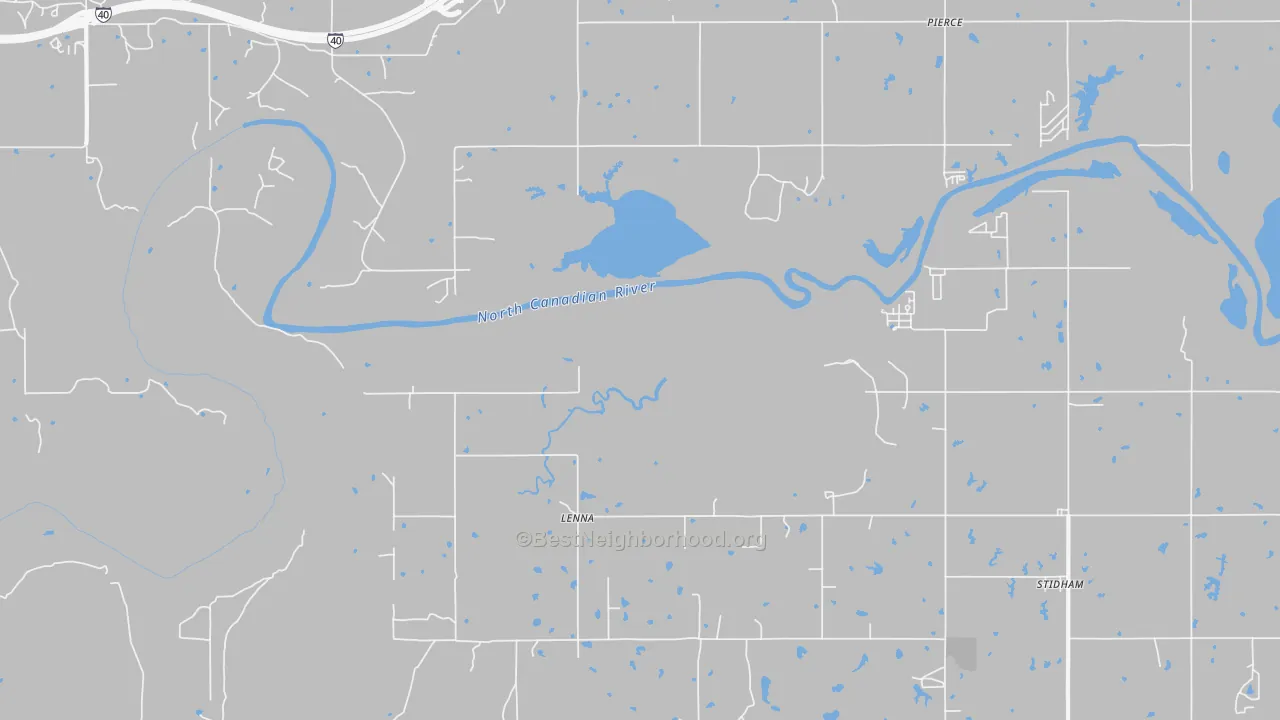 Walk Grade map of Lenna, OK, walkable areas in green and car-dependent areas in red