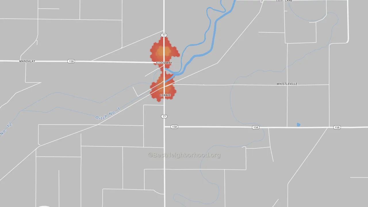 Walk Grade map of Lennie, AR, walkable areas in green and car-dependent areas in red