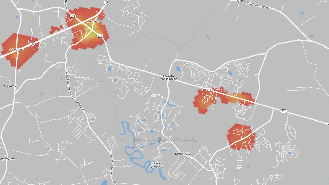 Walk Grade map of Lennon Crossroads, NC, walkable areas in green and car-dependent areas in red