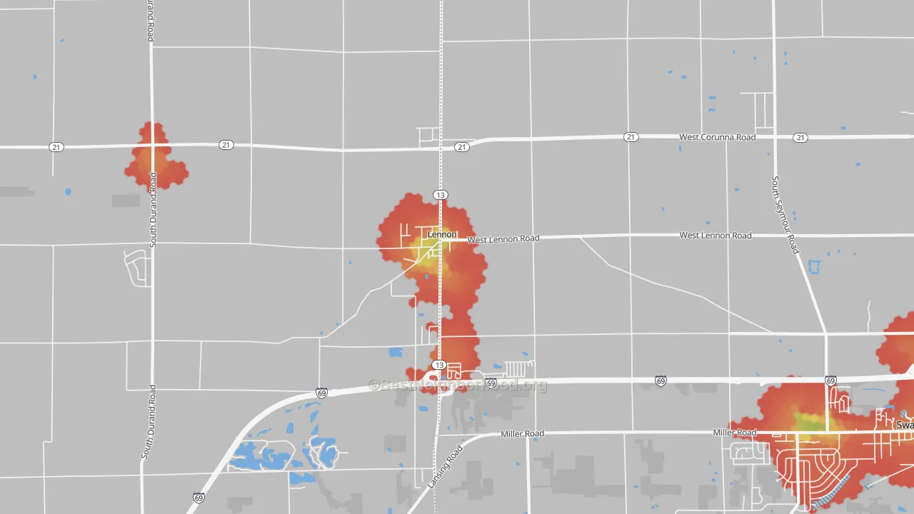 Walk Grade map of Lennon, MI, walkable areas in green and car-dependent areas in red