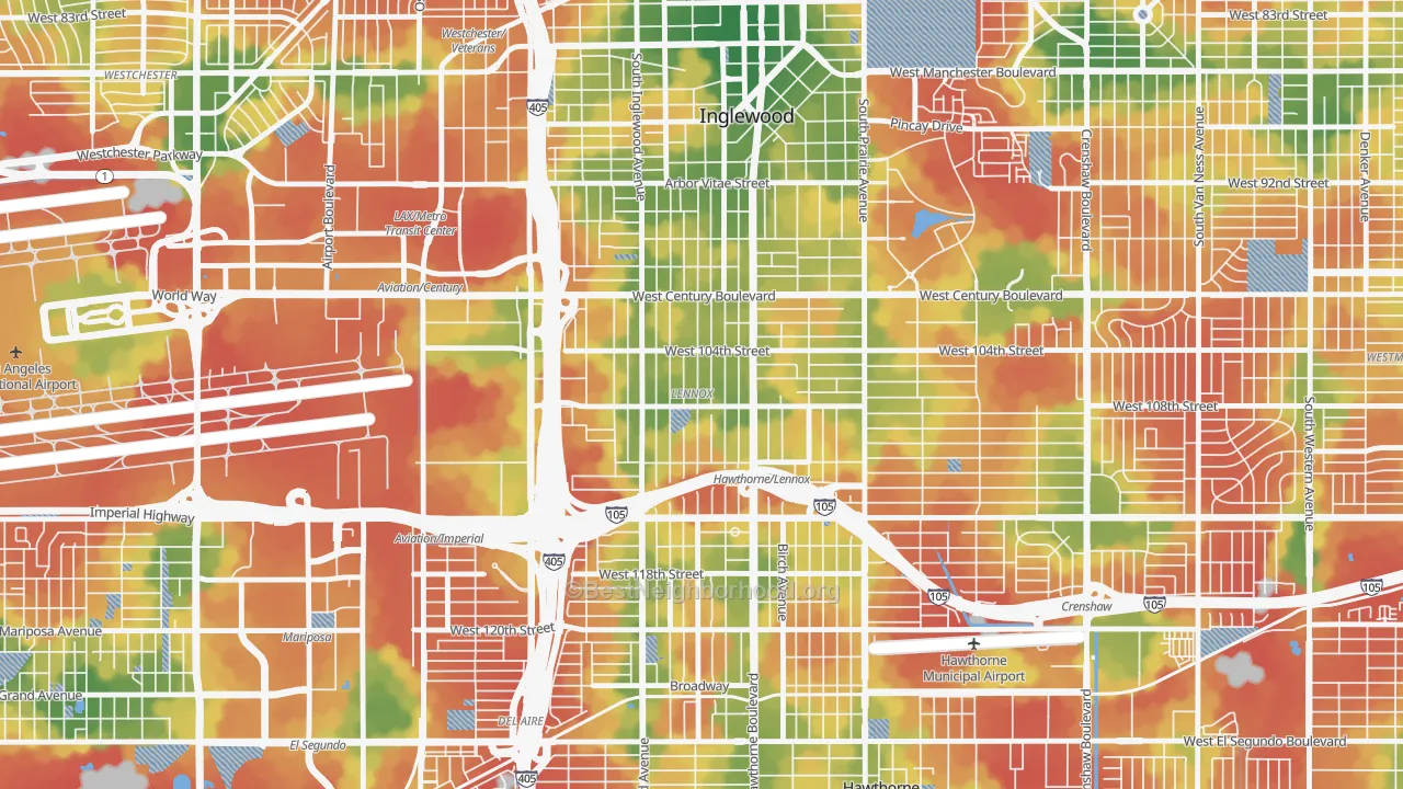 Walk Grade map of Lennox, CA, walkable areas in green and car-dependent areas in red