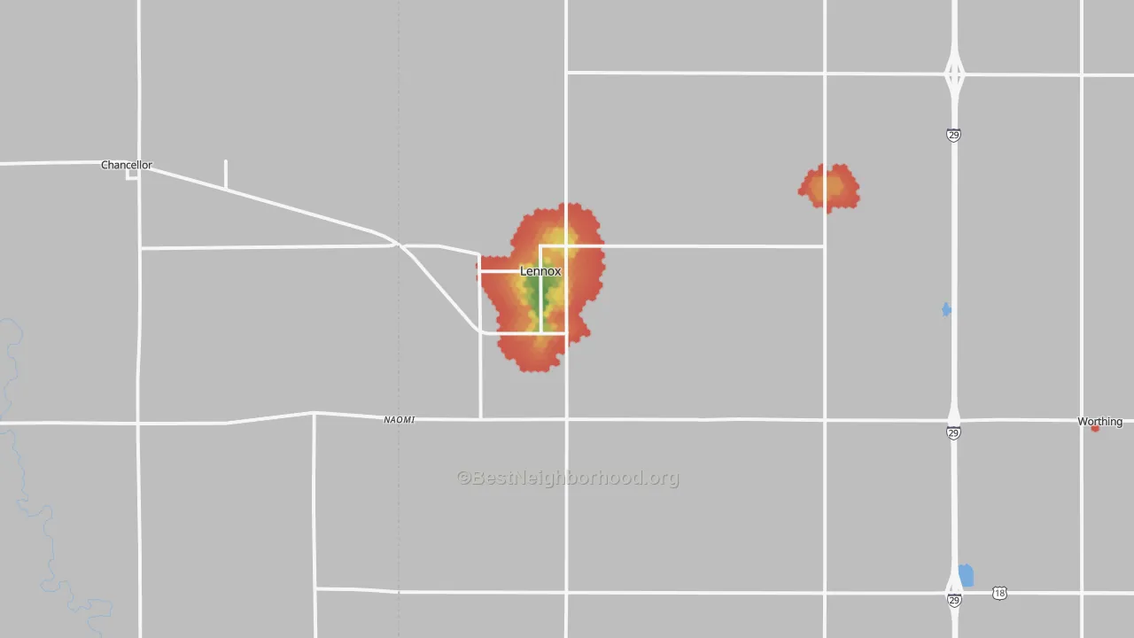 Walk Grade map of Lennox, SD, walkable areas in green and car-dependent areas in red