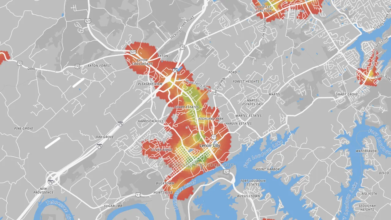 Walk Grade map of Lenoir City, TN, walkable areas in green and car-dependent areas in red