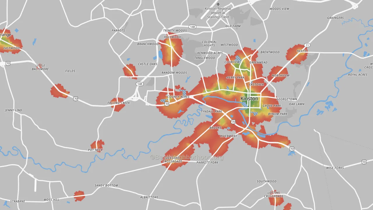 Walk Grade map of Lenoir County, NC, walkable areas in green and car-dependent areas in red