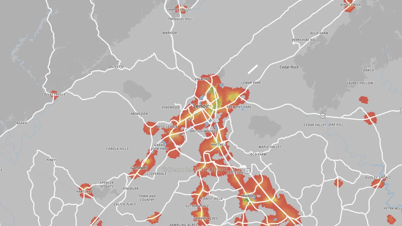 Walk Grade map of Lenoir, NC, walkable areas in green and car-dependent areas in red