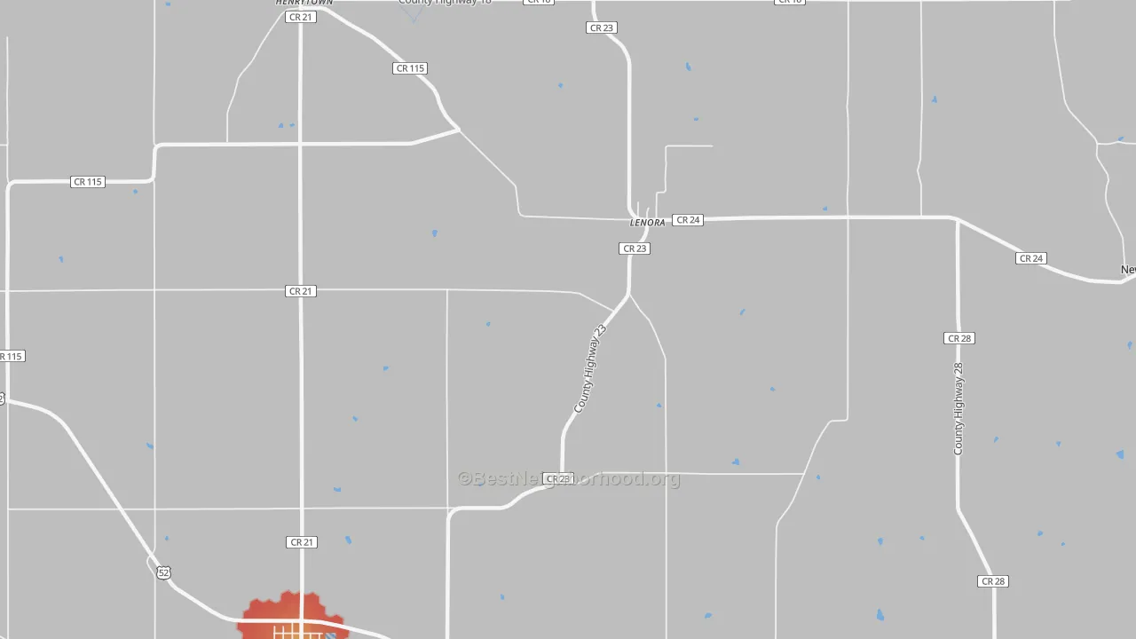 Walk Grade map of Lenora, MN, walkable areas in green and car-dependent areas in red