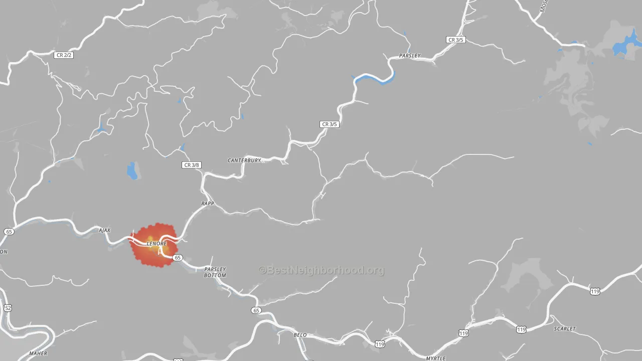 Walk Grade map of Lenore, WV, walkable areas in green and car-dependent areas in red