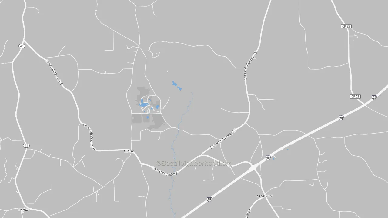 Walk Grade map of Lenox, AL, walkable areas in green and car-dependent areas in red
