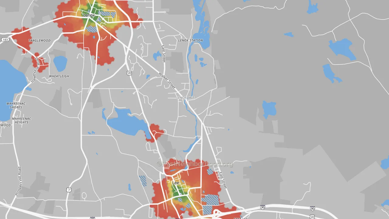 Walk Grade map of Lenox Dale, MA, walkable areas in green and car-dependent areas in red