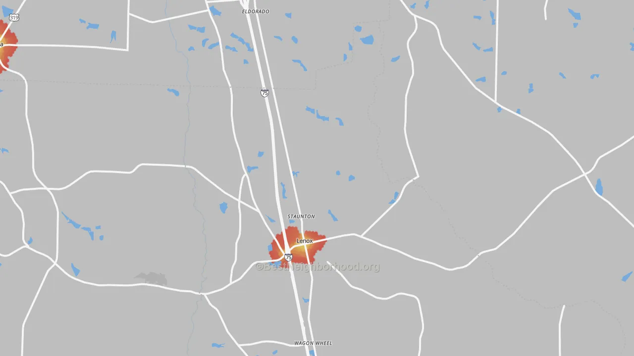 Walk Grade map of Lenox, GA, walkable areas in green and car-dependent areas in red