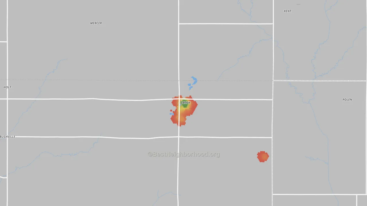 Walk Grade map of Lenox, IA, walkable areas in green and car-dependent areas in red