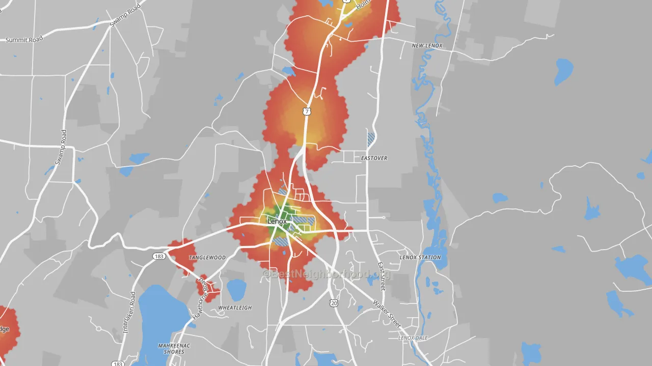 Walk Grade map of Lenox, MA, walkable areas in green and car-dependent areas in red