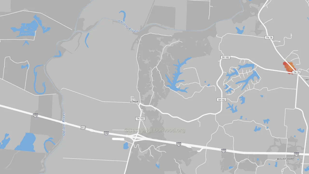 Walk Grade map of Lenox, TN, walkable areas in green and car-dependent areas in red