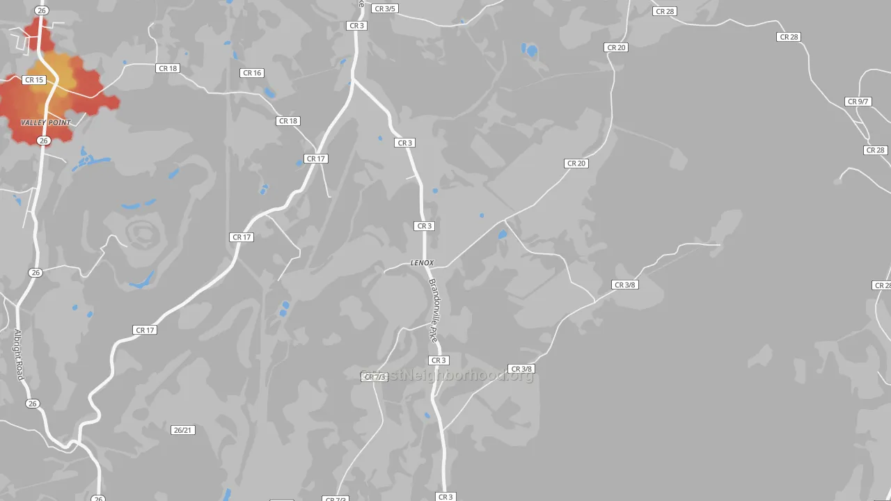 Walk Grade map of Lenox, WV, walkable areas in green and car-dependent areas in red