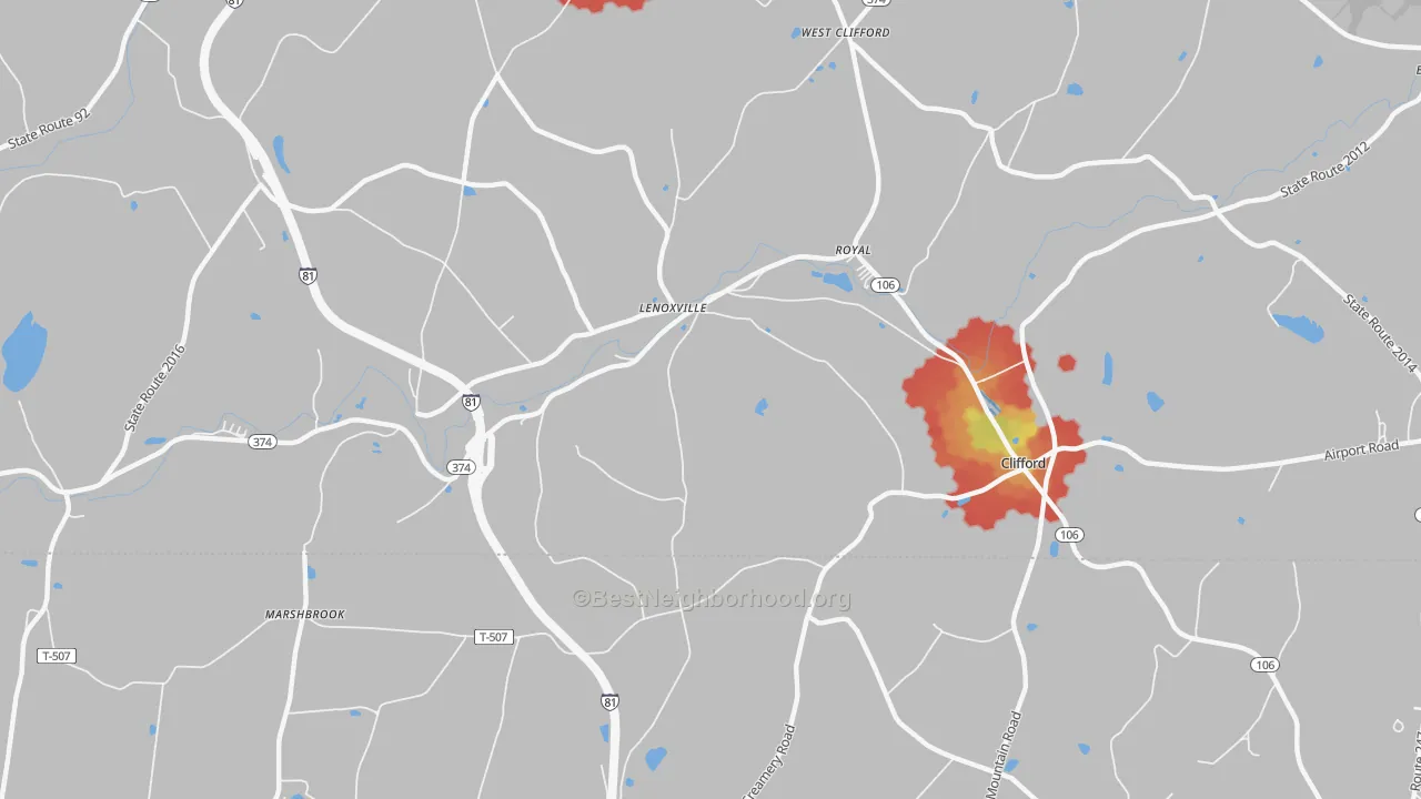 Walk Grade map of Lenoxville, PA, walkable areas in green and car-dependent areas in red