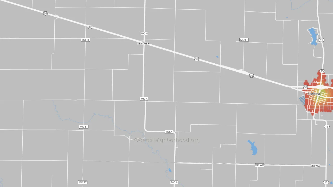 Walk Grade map of Lentner, MO, walkable areas in green and car-dependent areas in red