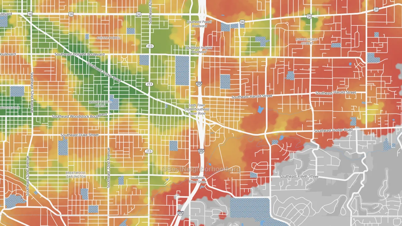 Walk Grade map of Lents, Portland, OR, walkable areas in green and car-dependent areas in red