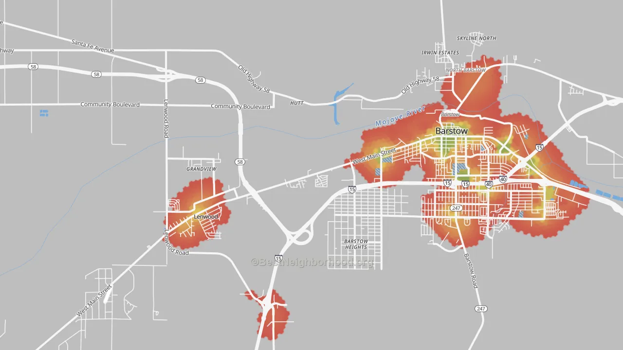 Walk Grade map of Lenwood, CA, walkable areas in green and car-dependent areas in red