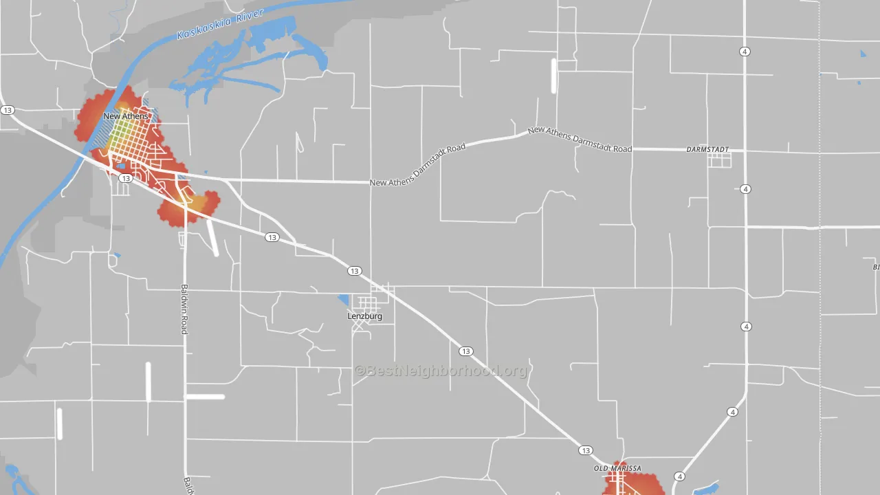 Walk Grade map of Lenzburg, IL, walkable areas in green and car-dependent areas in red