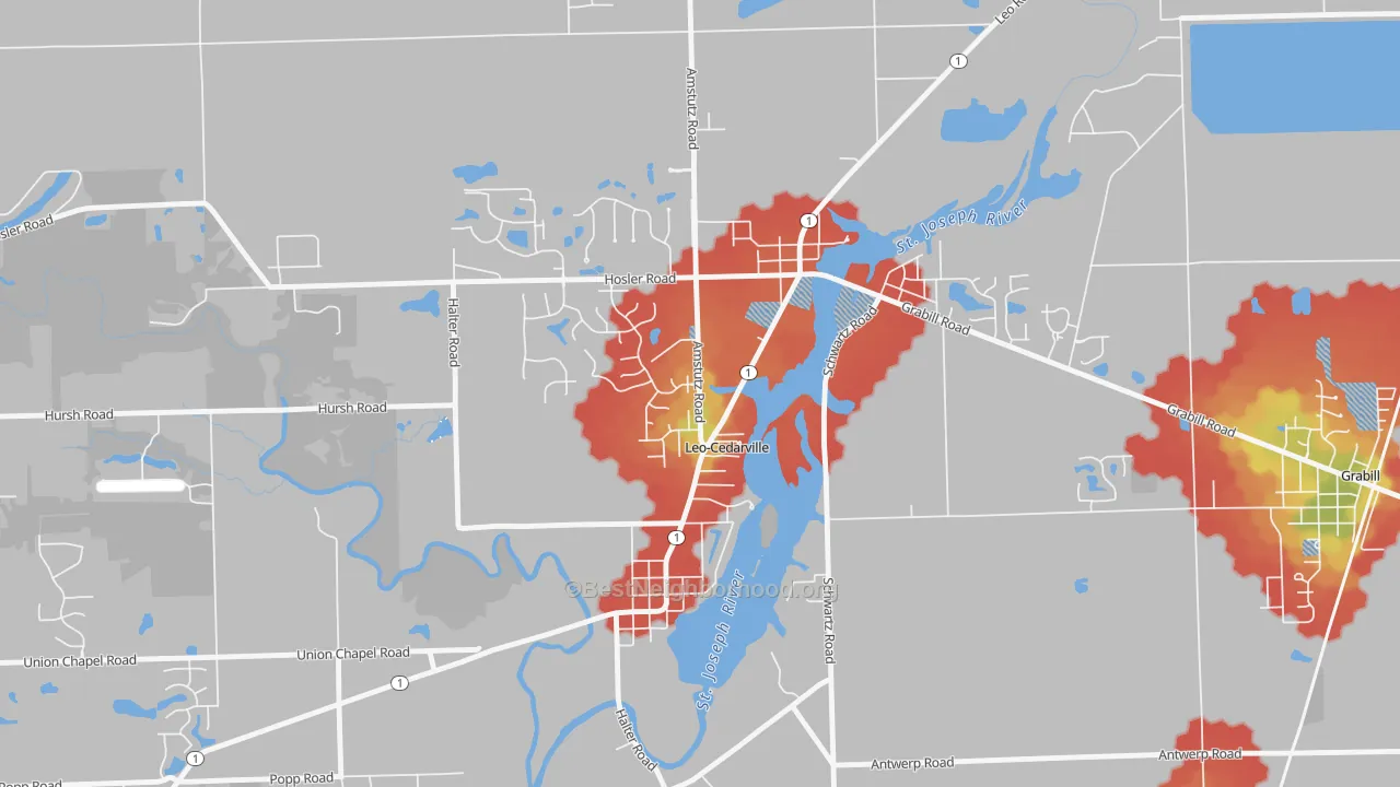 Walk Grade map of Leo-Cedarville, IN, walkable areas in green and car-dependent areas in red