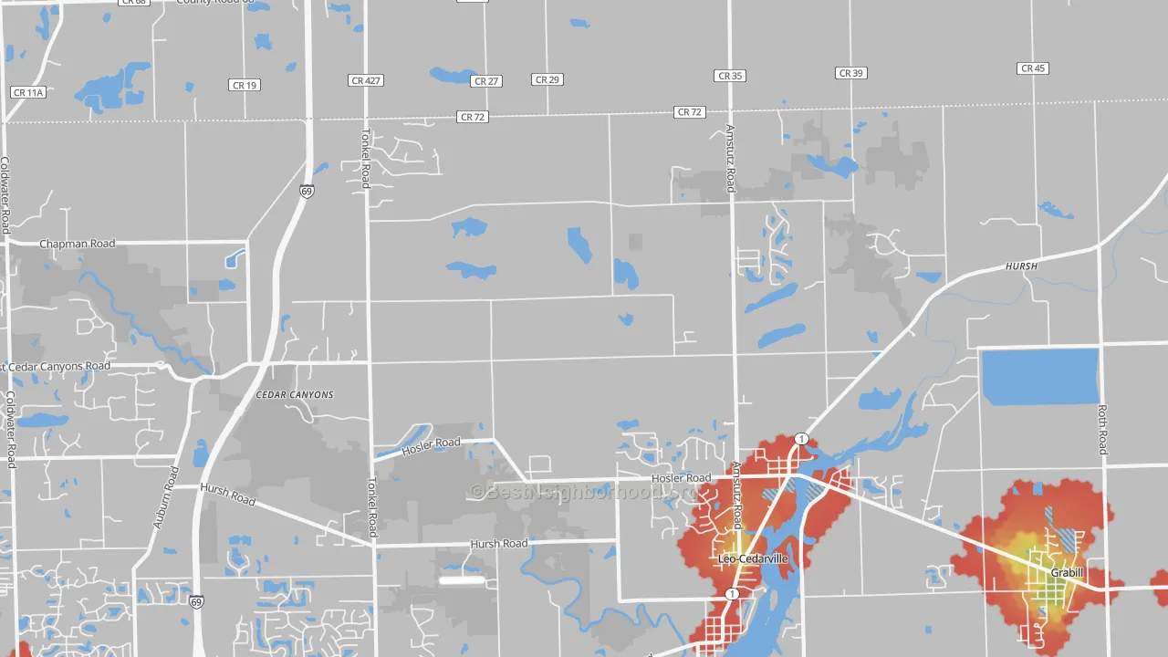 Walk Grade map of Leo, IN, walkable areas in green and car-dependent areas in red