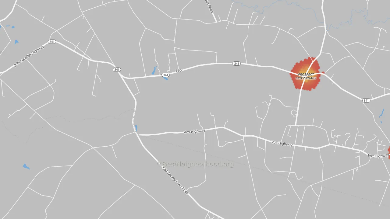 Walk Grade map of Leo, SC, walkable areas in green and car-dependent areas in red
