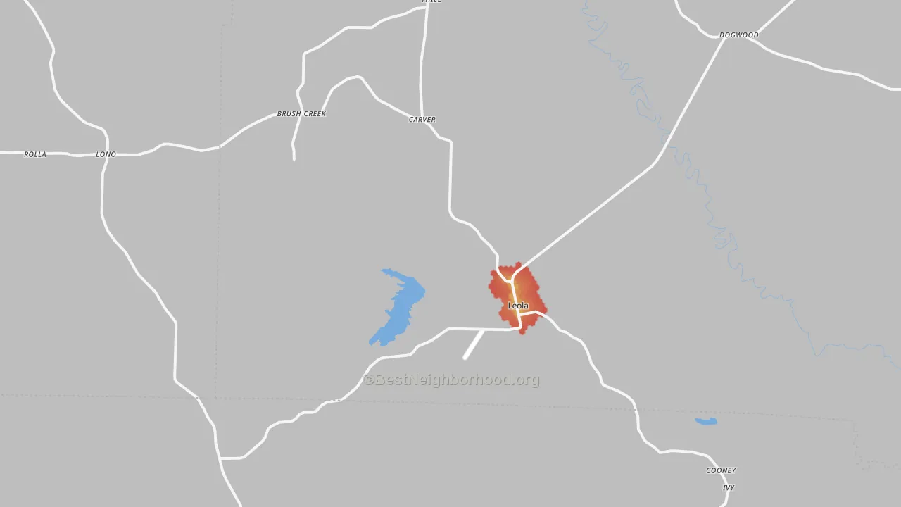 Walk Grade map of Leola, AR, walkable areas in green and car-dependent areas in red