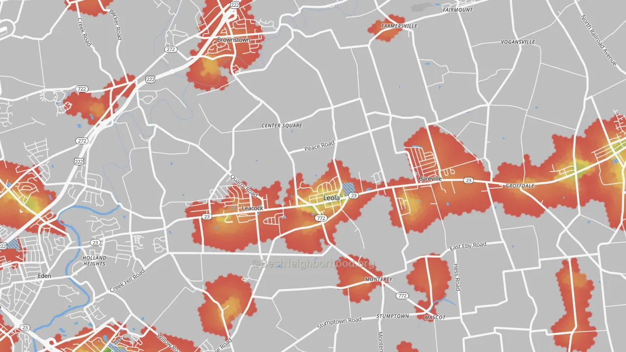 Walk Grade map of Leola, PA, walkable areas in green and car-dependent areas in red