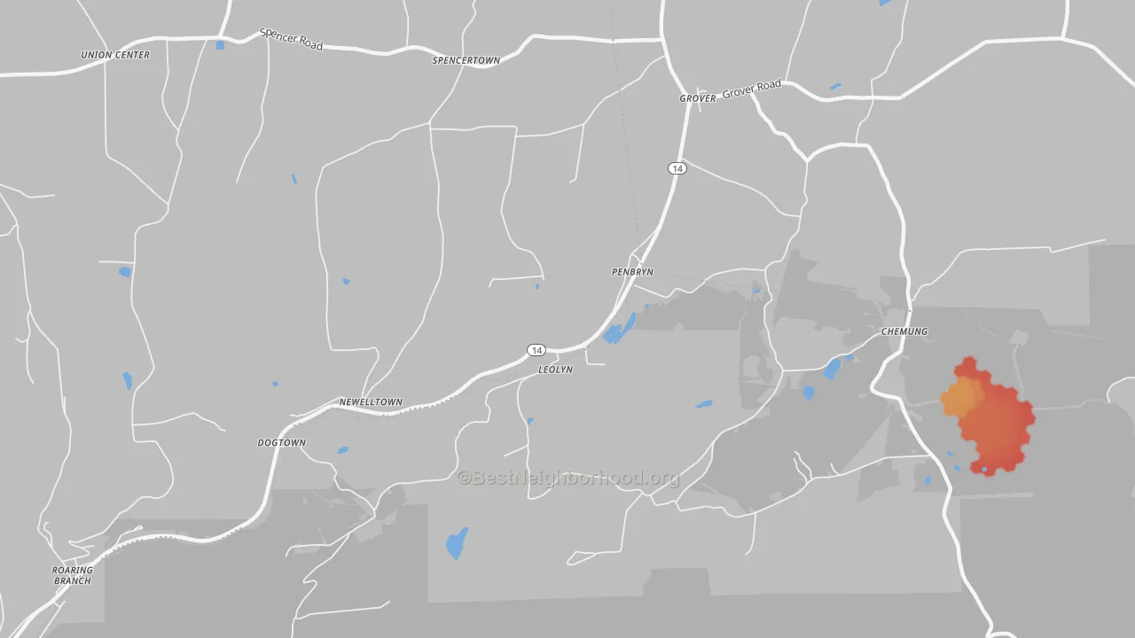 Walk Grade map of Leolyn, PA, walkable areas in green and car-dependent areas in red