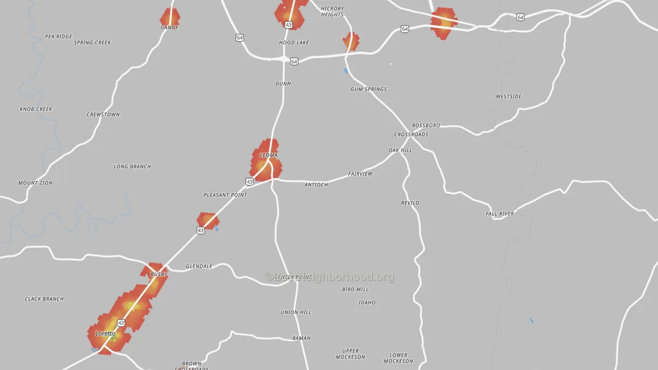 Walk Grade map of Leoma, TN, walkable areas in green and car-dependent areas in red