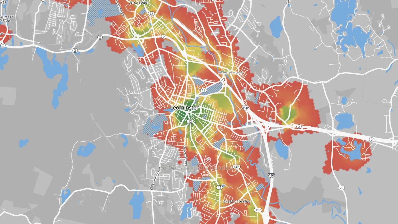 Walk Grade map of Leominster, MA, walkable areas in green and car-dependent areas in red