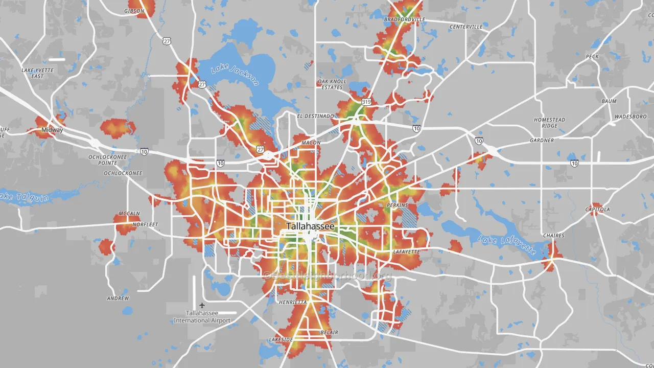 Walk Grade map of Leon County, FL, walkable areas in green and car-dependent areas in red