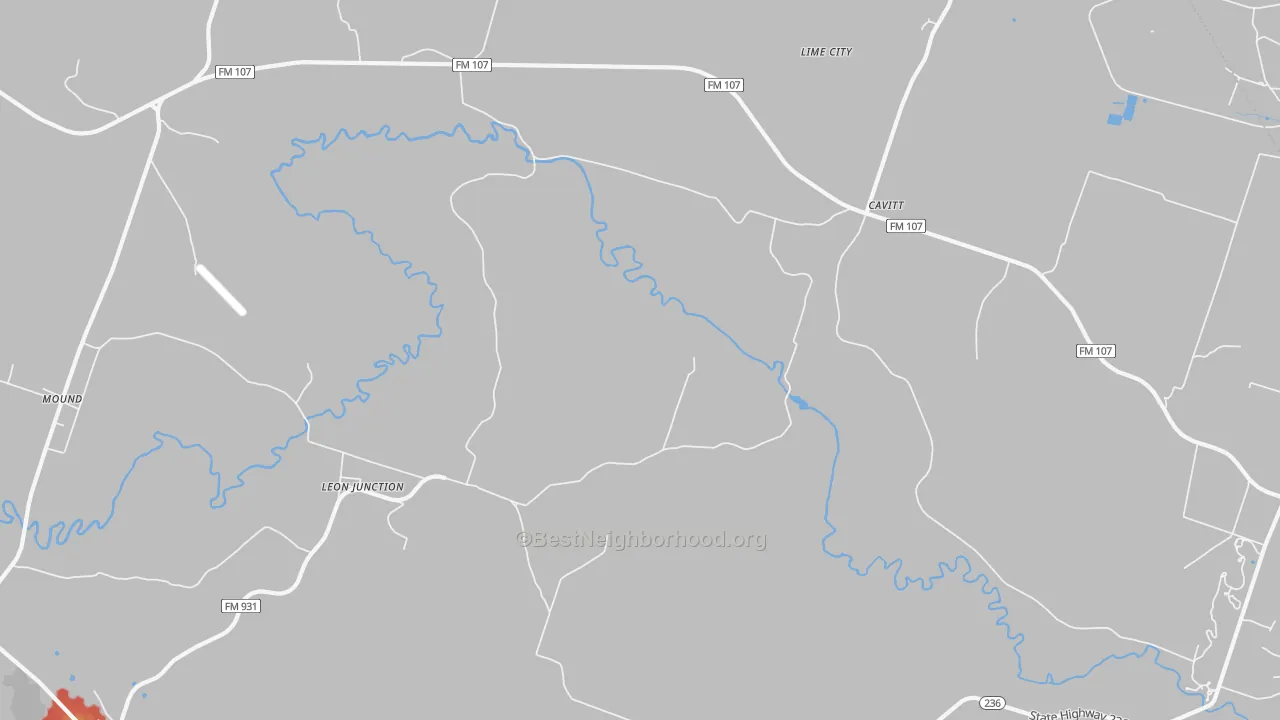 Walk Grade map of Leon Junction, TX, walkable areas in green and car-dependent areas in red