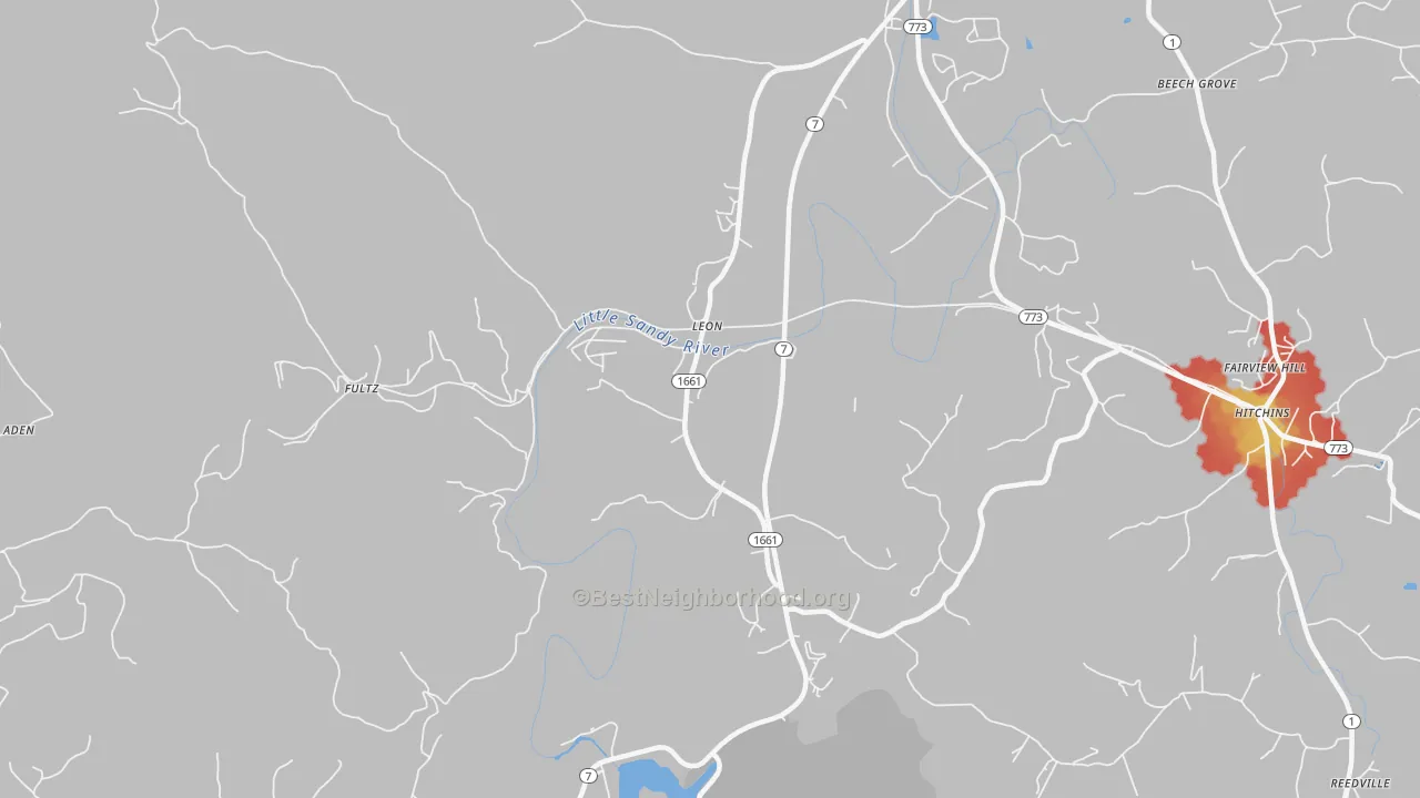 Walk Grade map of Leon, KY, walkable areas in green and car-dependent areas in red