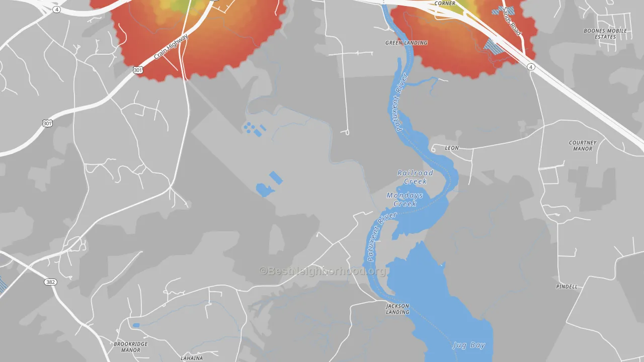 Walk Grade map of Leon, MD, walkable areas in green and car-dependent areas in red
