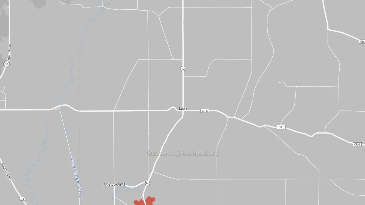 Walk Grade map of Leon, NY, walkable areas in green and car-dependent areas in red