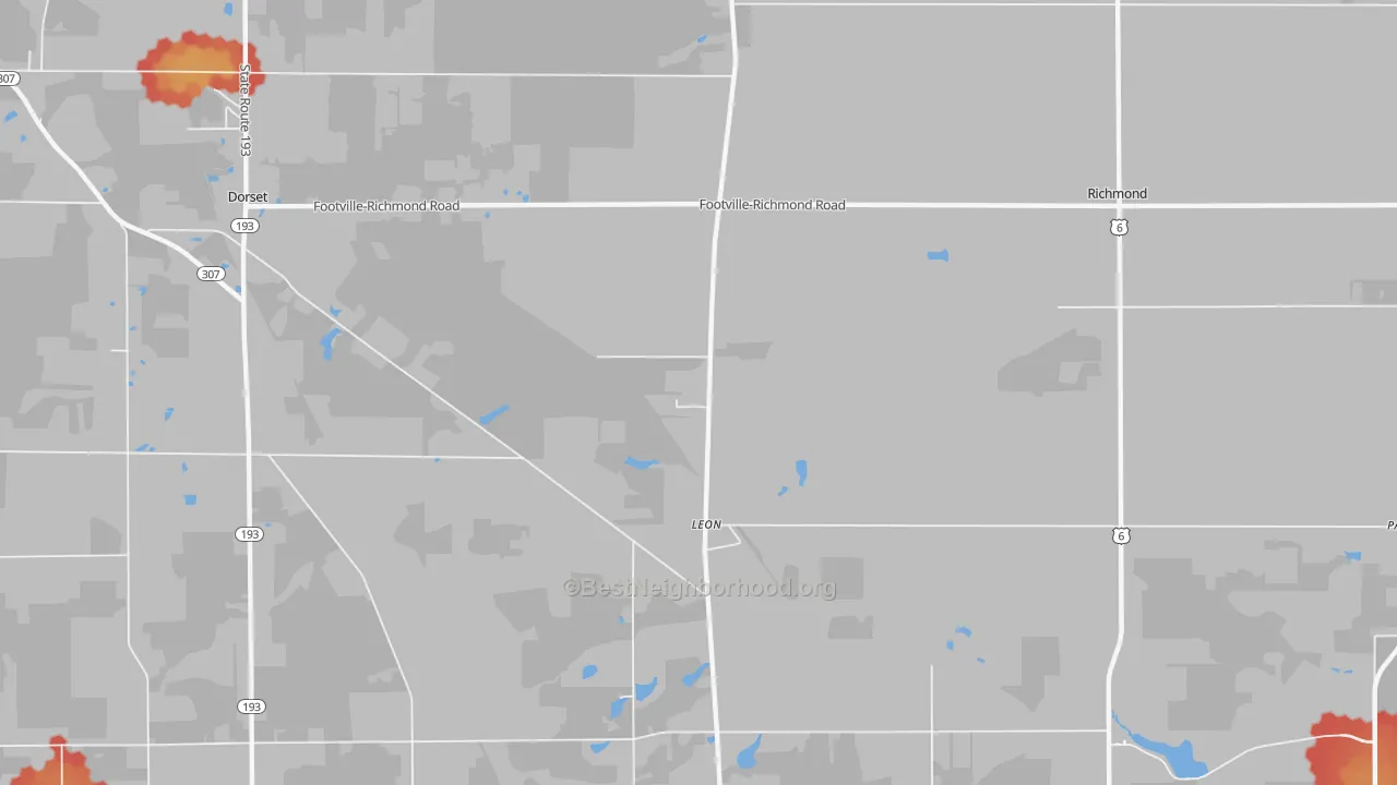 Walk Grade map of Leon, OH, walkable areas in green and car-dependent areas in red