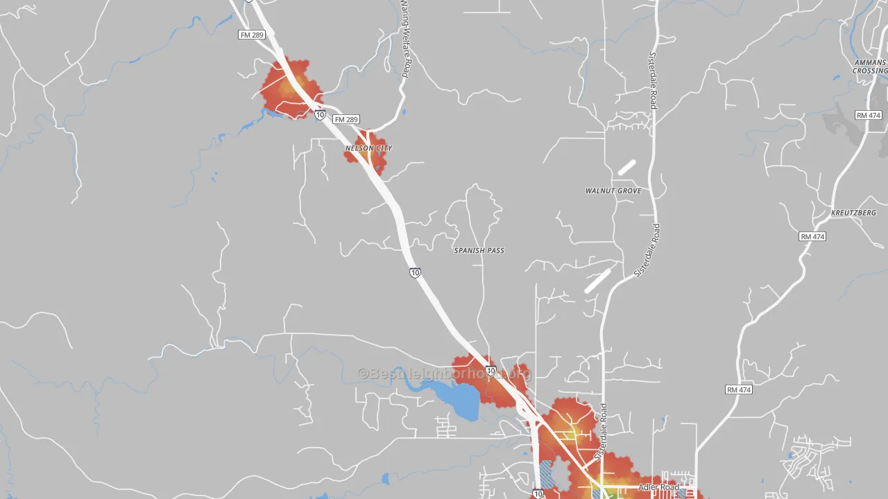Walk Grade map of Leon Springs, TX, walkable areas in green and car-dependent areas in red