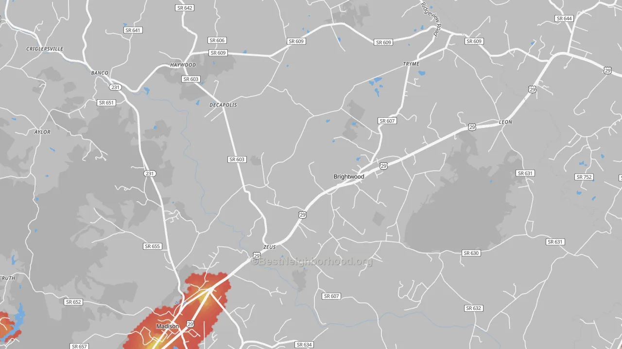 Walk Grade map of Leon, VA, walkable areas in green and car-dependent areas in red
