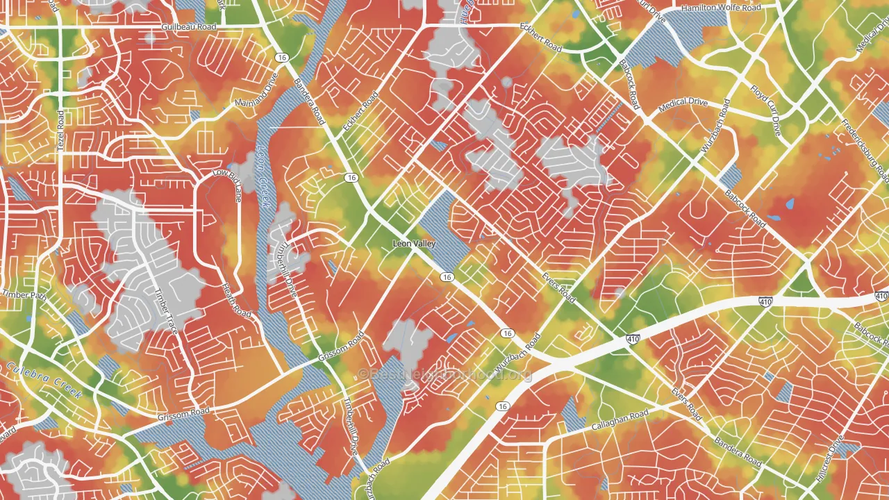Walk Grade map of Leon Valley, TX, walkable areas in green and car-dependent areas in red