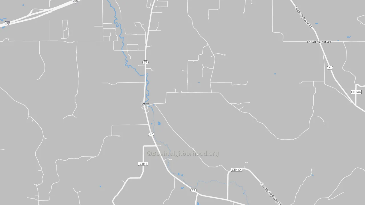 Walk Grade map of Leon, WI, walkable areas in green and car-dependent areas in red