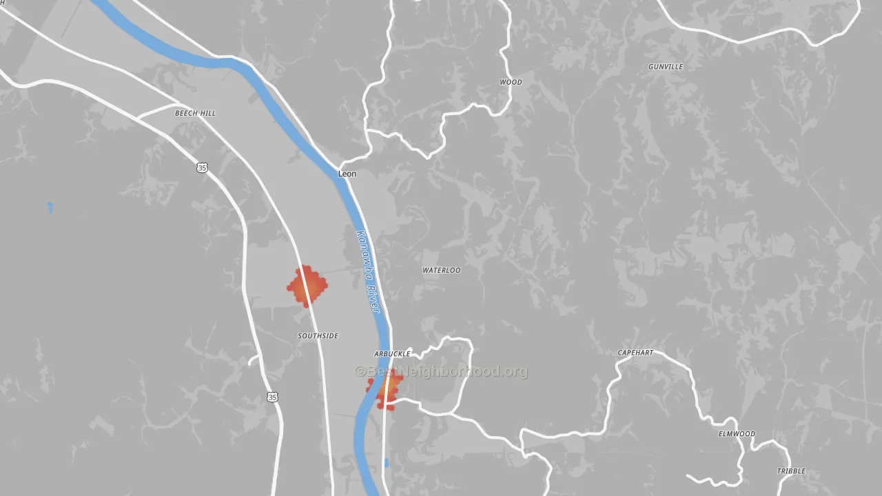 Walk Grade map of Leon, WV, walkable areas in green and car-dependent areas in red