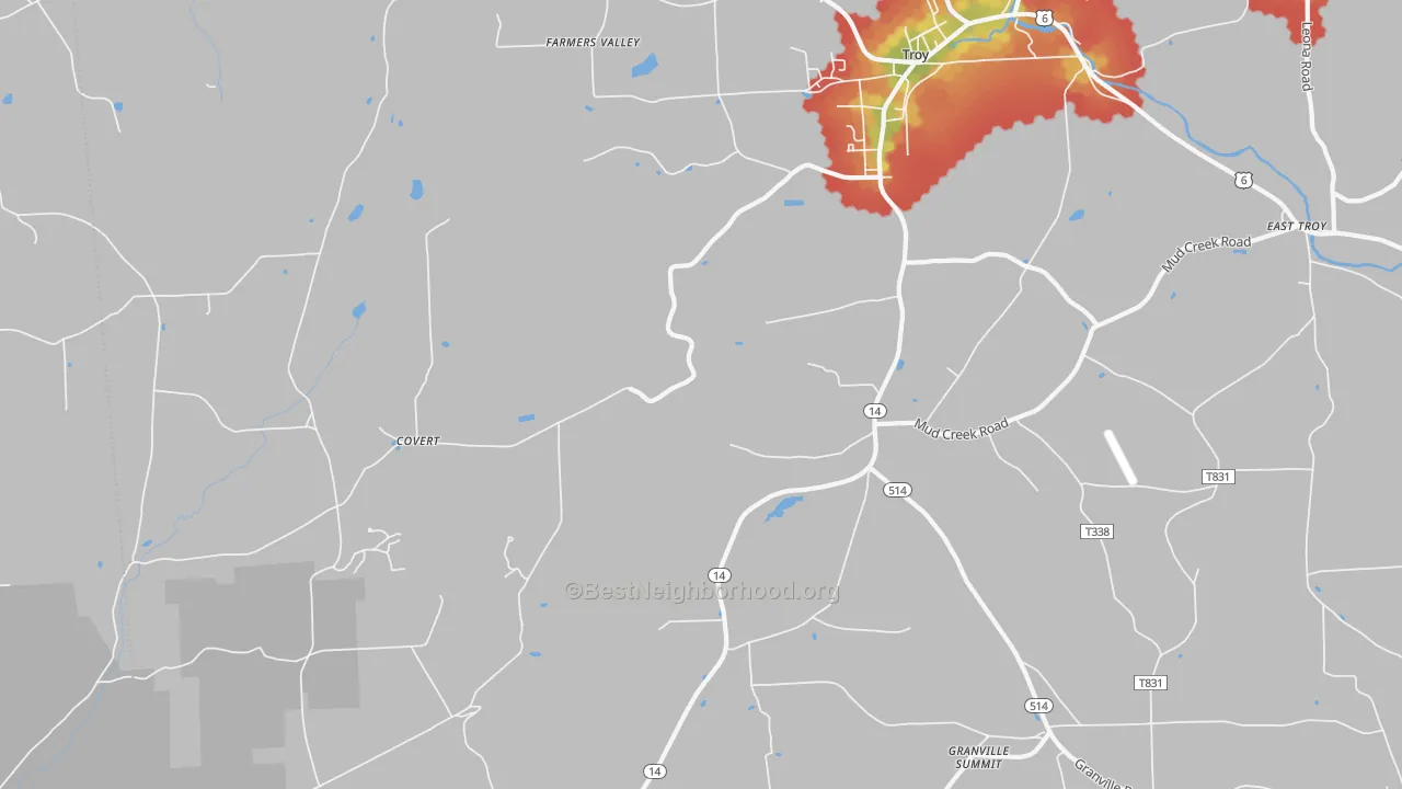 Walk Grade map of Leona, PA, walkable areas in green and car-dependent areas in red