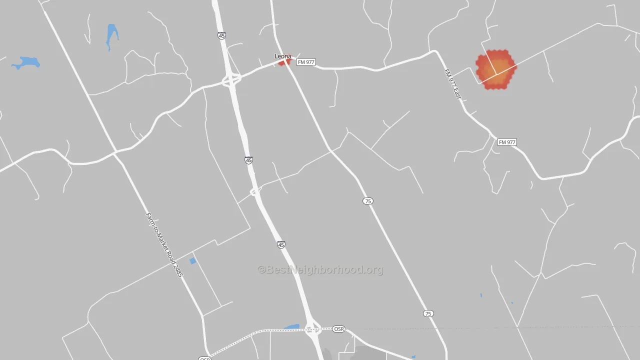Walk Grade map of Leona, TX, walkable areas in green and car-dependent areas in red