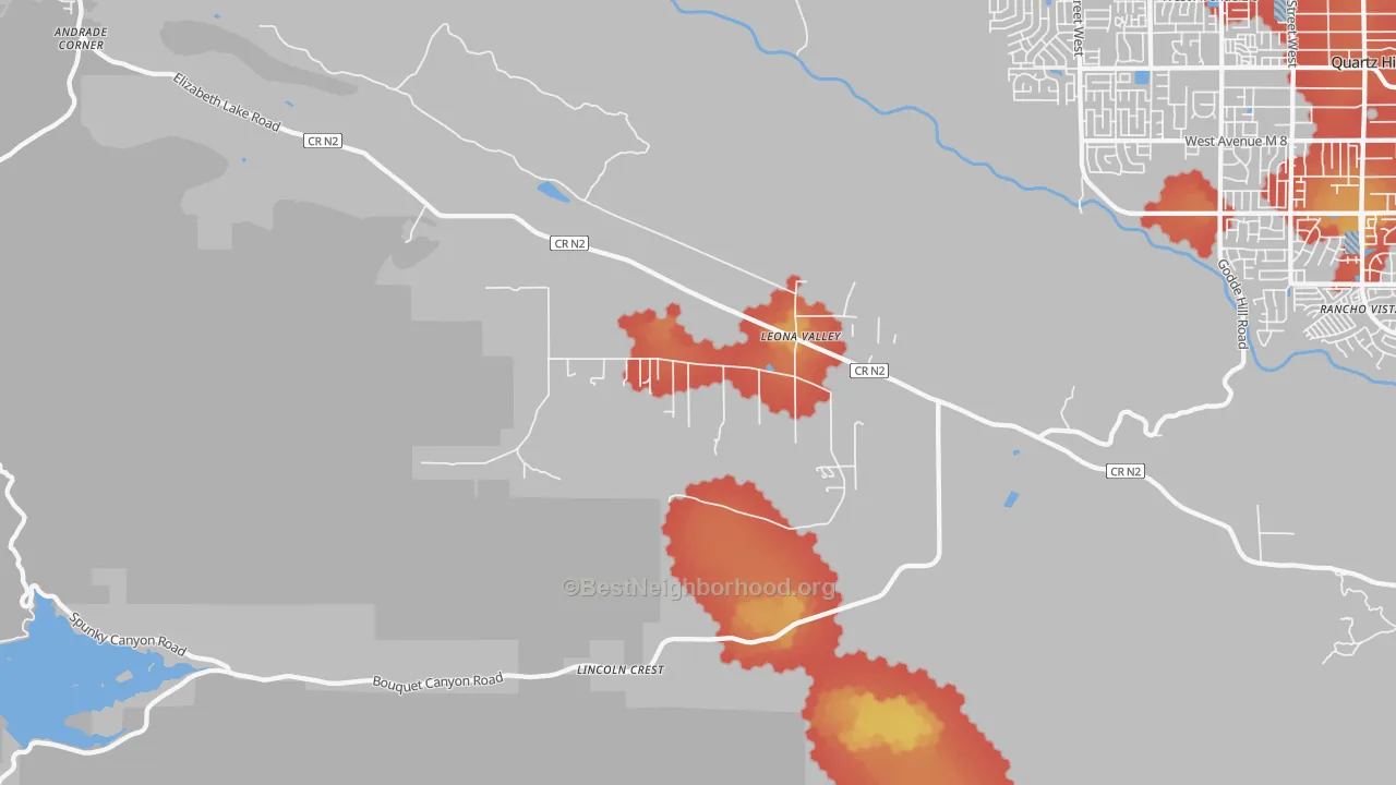 Walk Grade map of Leona Valley, CA, walkable areas in green and car-dependent areas in red