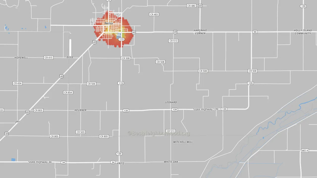 Walk Grade map of Leonard, AR, walkable areas in green and car-dependent areas in red