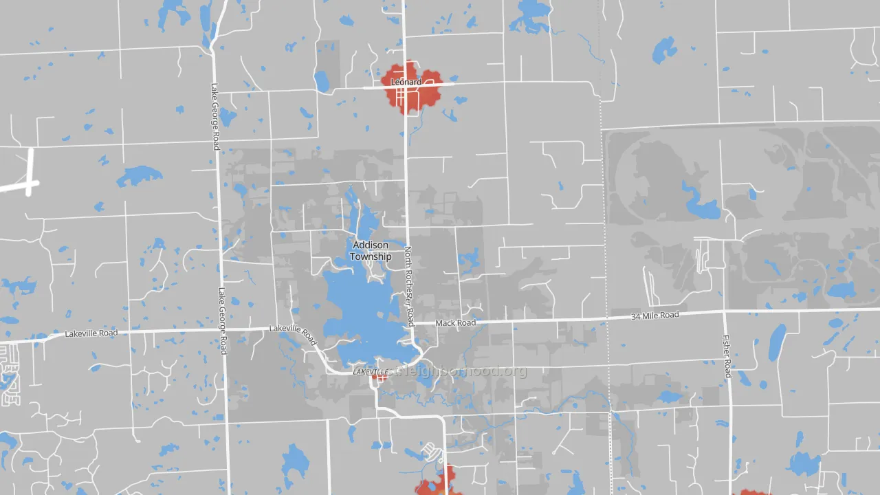 Walk Grade map of Leonard, MI, walkable areas in green and car-dependent areas in red