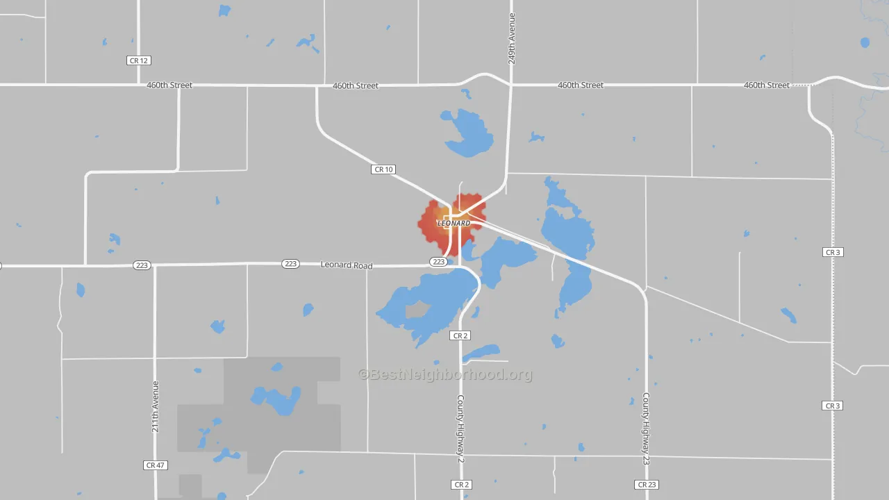 Walk Grade map of Leonard, MN, walkable areas in green and car-dependent areas in red