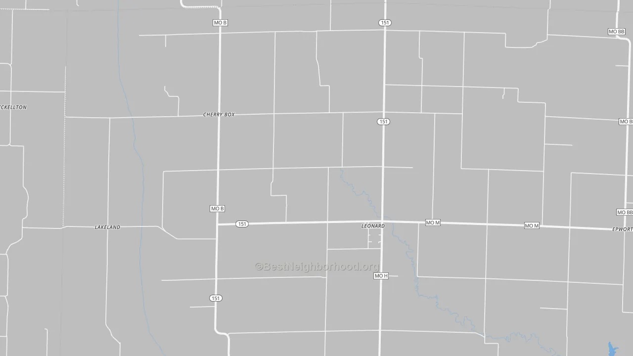 Walk Grade map of Leonard, MO, walkable areas in green and car-dependent areas in red